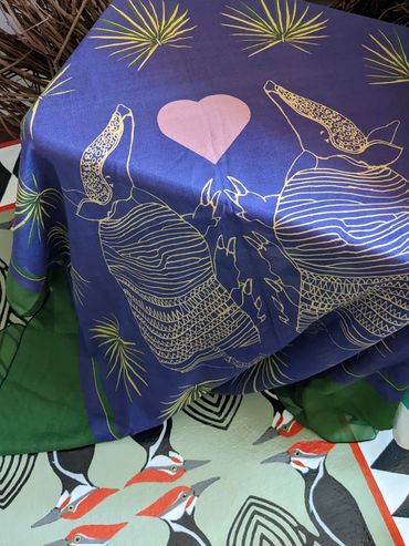 Armadillo and Palmetto silk chiffon scarf.  Pileated Woodpecker and Dogwood floorcloth .