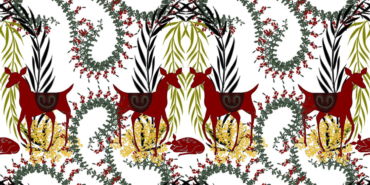 Doe, Fawn, Pyracantha, Goldenrod