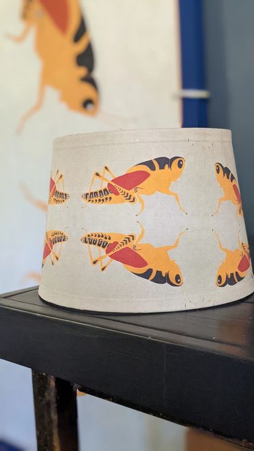 Lubber floorcloth and lampshade.