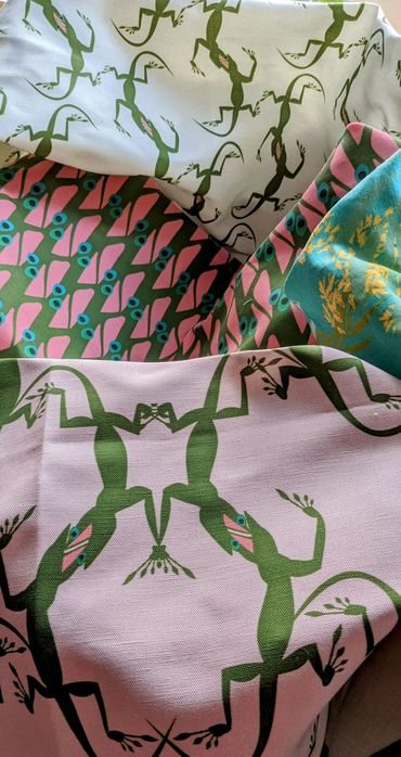 Anoles fabrics in playful pink and green.  Goldenrod and Mahonia fabric on blue.
