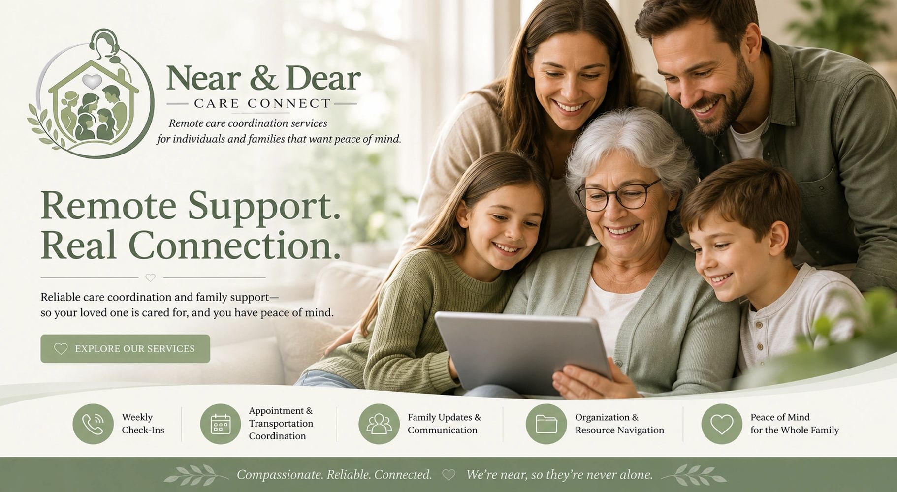 Happy family connecting remotely through a tablet with care service support.