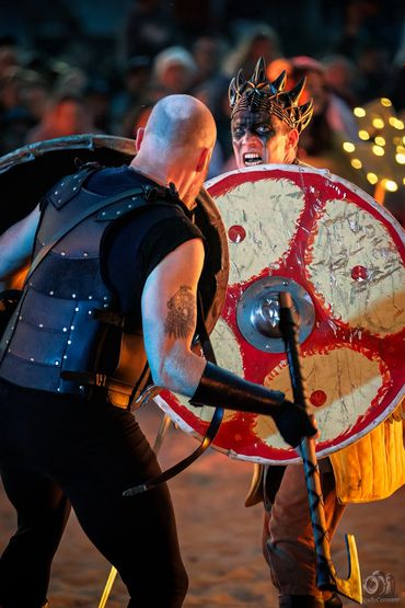 Two warriors clash with shields and weapons in intense combat.