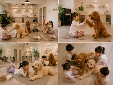 Children playing and bonding with fluffy dogs in a cozy room.