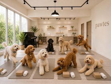 A group of dogs doing yoga on mats indoors.