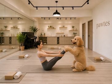 Woman doing yoga with a dog in a bright studio.