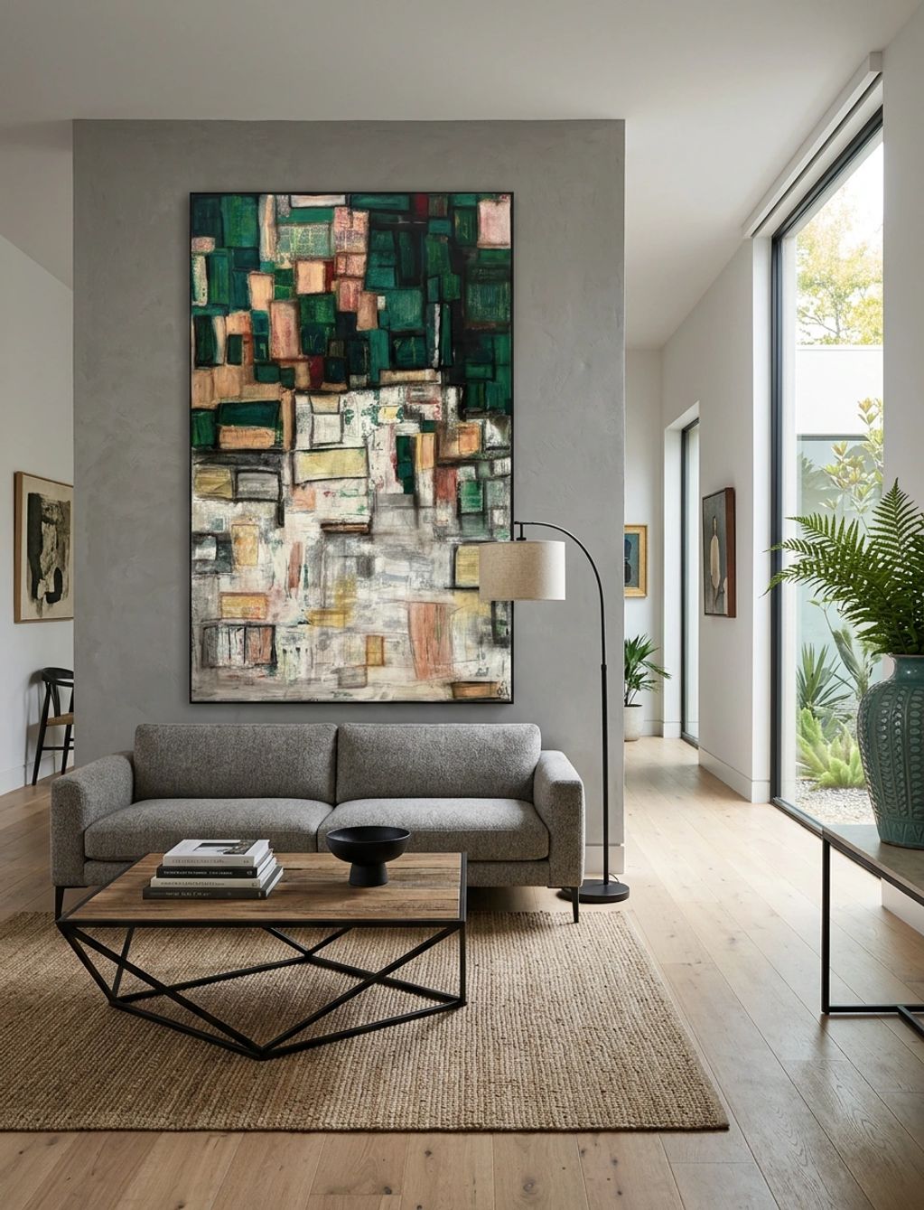 Modern living room with gray sofa and abstract wall art.