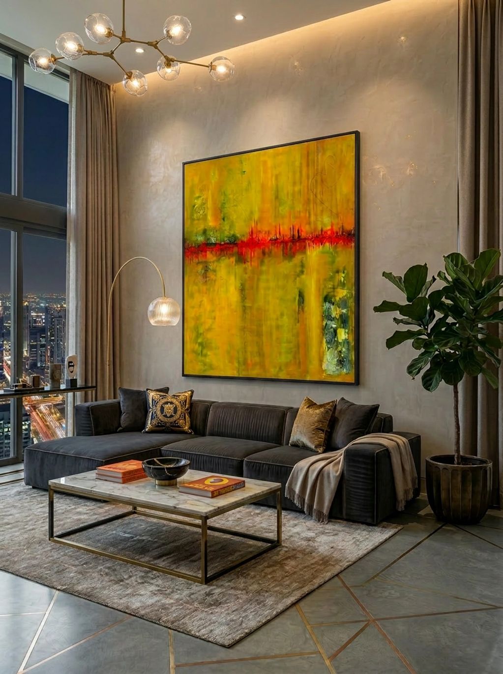 Modern living room with dark sofa, abstract yellow painting, and city night view.