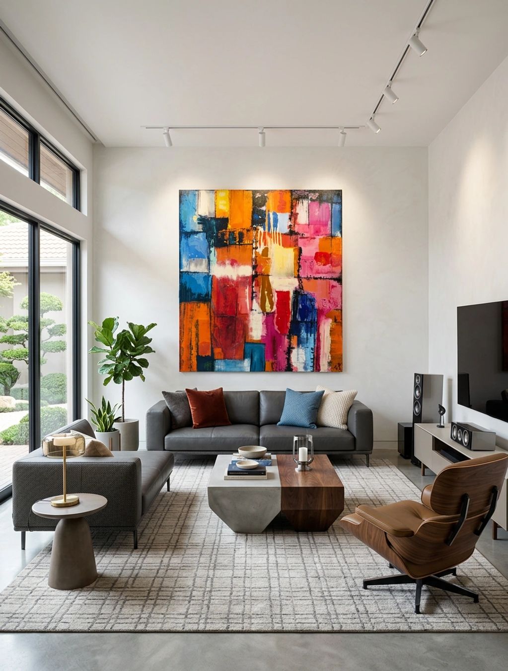 Modern living room with colorful abstract art and stylish furniture.