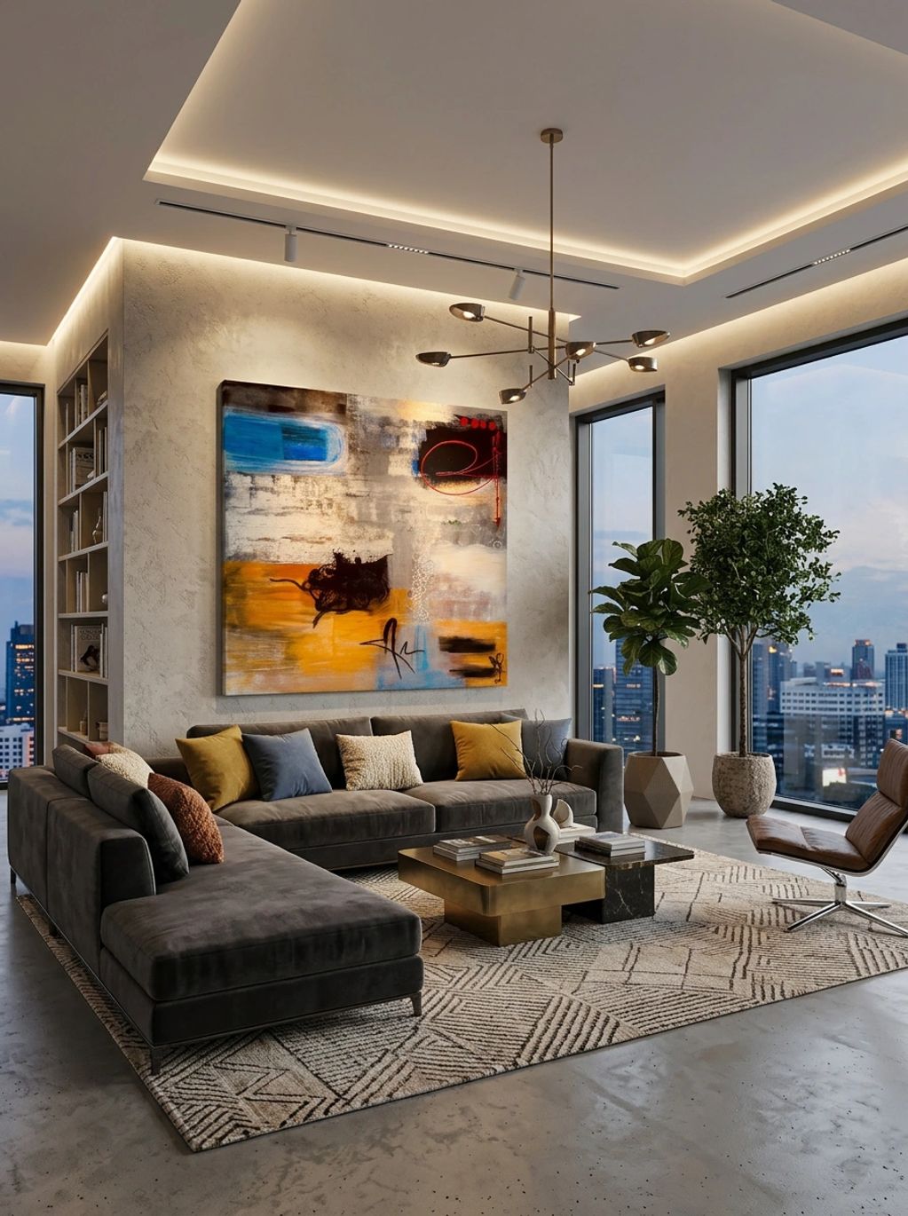 Modern living room with a large sectional sofa and city views.