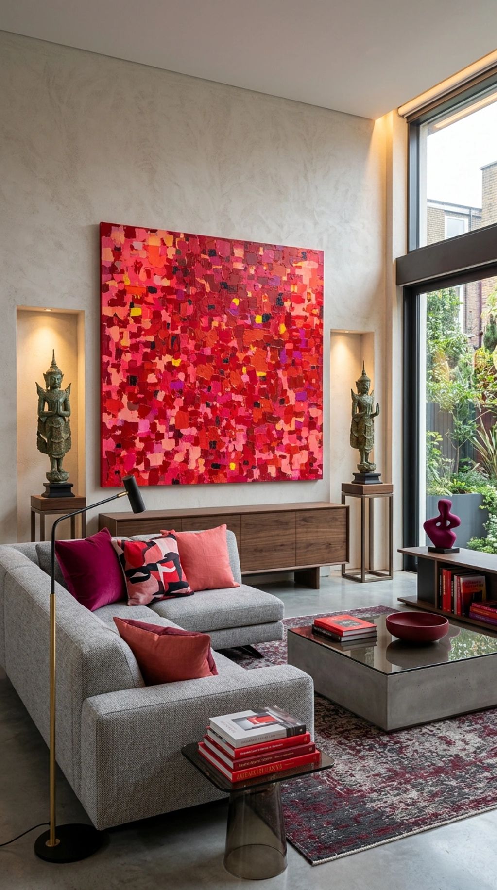 Modern living room with vibrant red abstract art and cozy gray sofa.