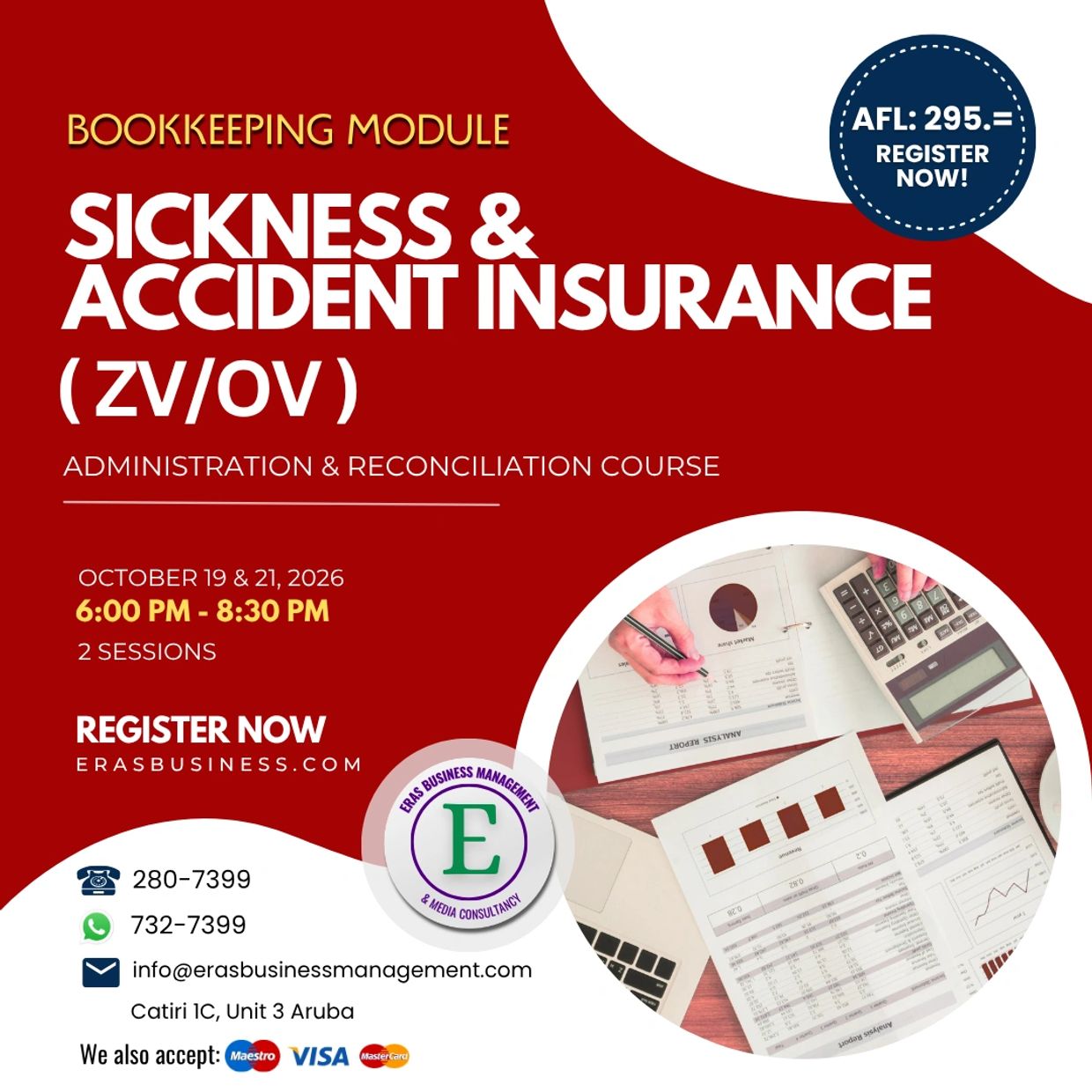 Sickness & Accident Insurance bookkeeping course on Oct 19 & 21, 6-8:30 PM for $295.