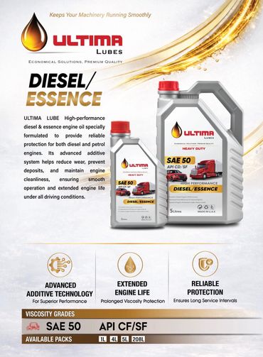 Ultima Lubes Diesel/Essence engine oil with advanced additives for superior engine protection and performance.