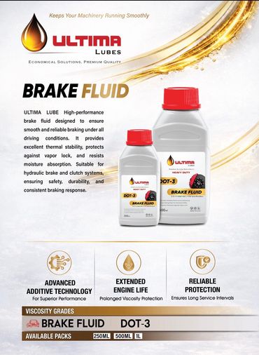 Ultima Lubes DOT-3 brake fluid ensures smooth, reliable braking with advanced additive technology.