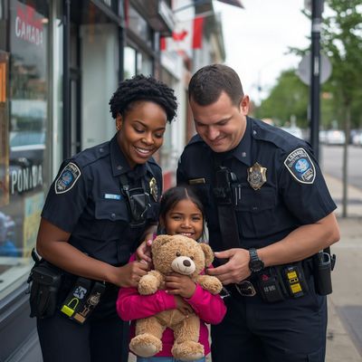 Two police officers smiling with a young girl holding a teddy bear. The image shows how empathy and kindness are key attributes of a modern Canadian police officer.