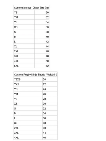 Size charts for custom jerseys and rugby ninja shorts with chest and waist measurements.