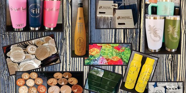 Collage of customized drinkware, coasters, keychains, and branded items with logos and designs.