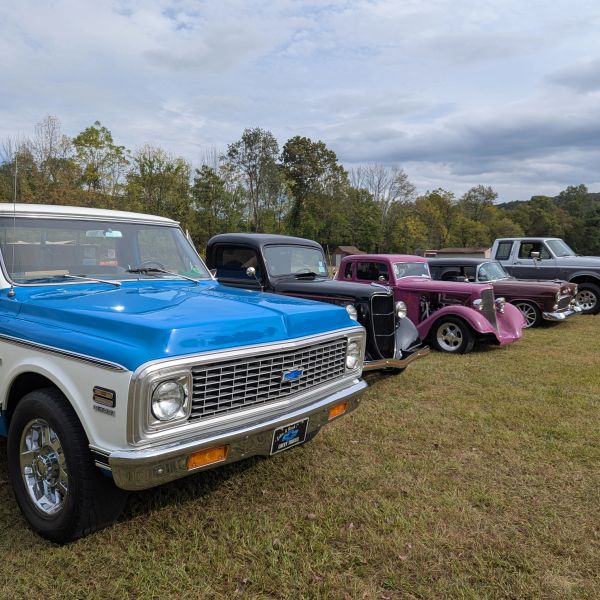 Lineup of vintage and classic trucks on grass.