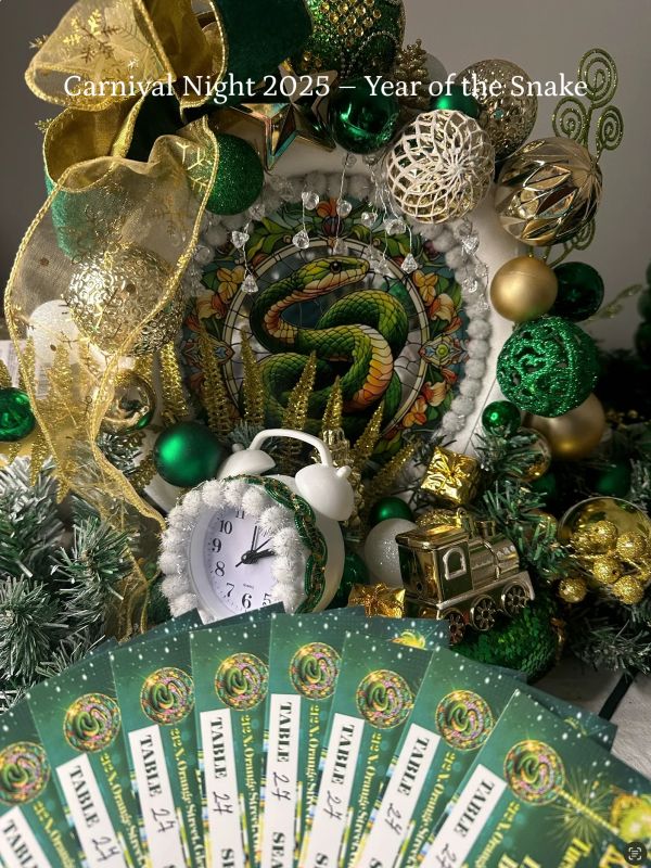 Festive green and gold decorations with a snake-themed centerpiece and event cards for "Carnival Night 2025 - Year of the Snake".