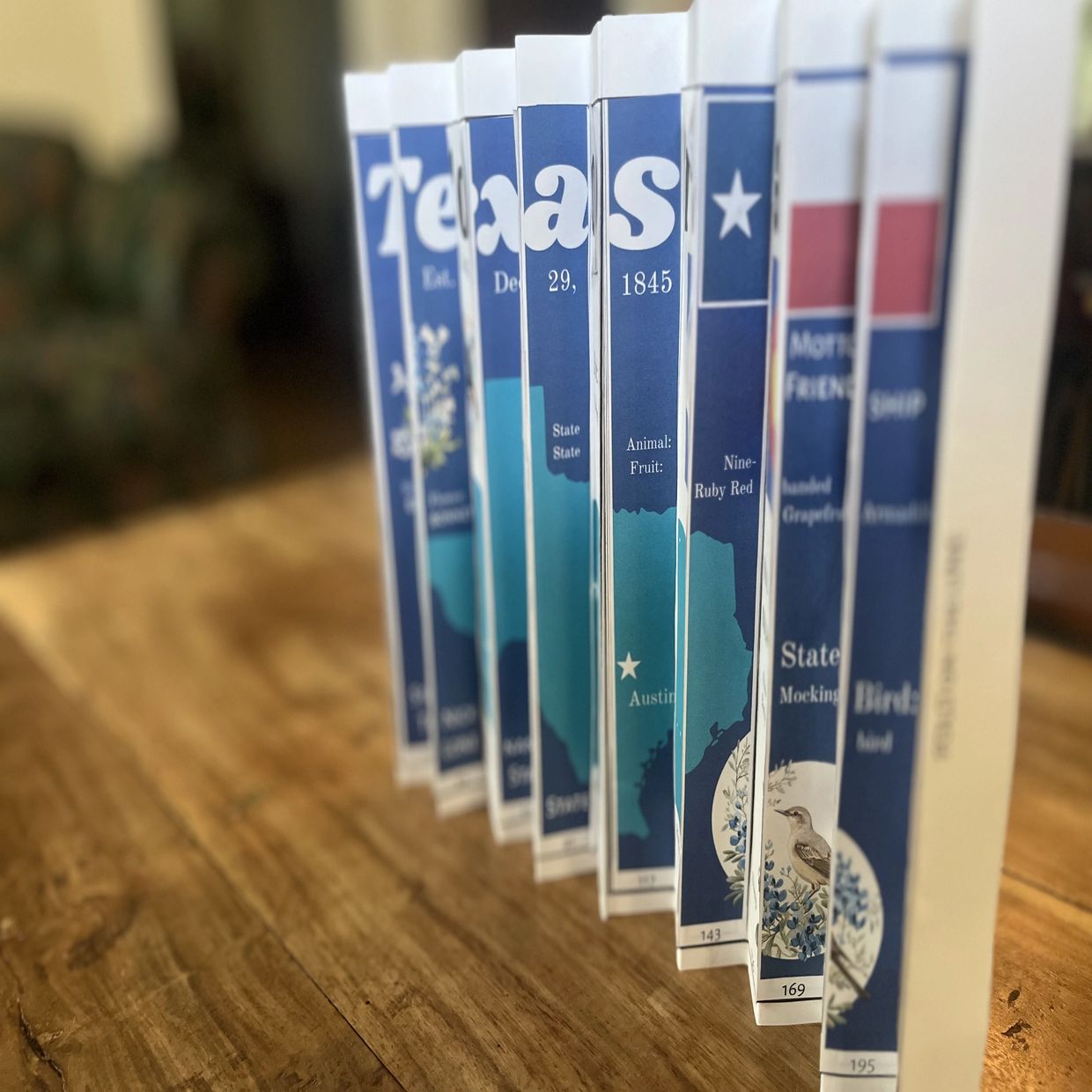 Stack of books about Texas standing on a wooden surface.