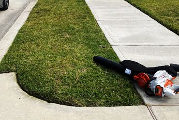 A leaf blower lying on a sidewalk next to a grassy area.