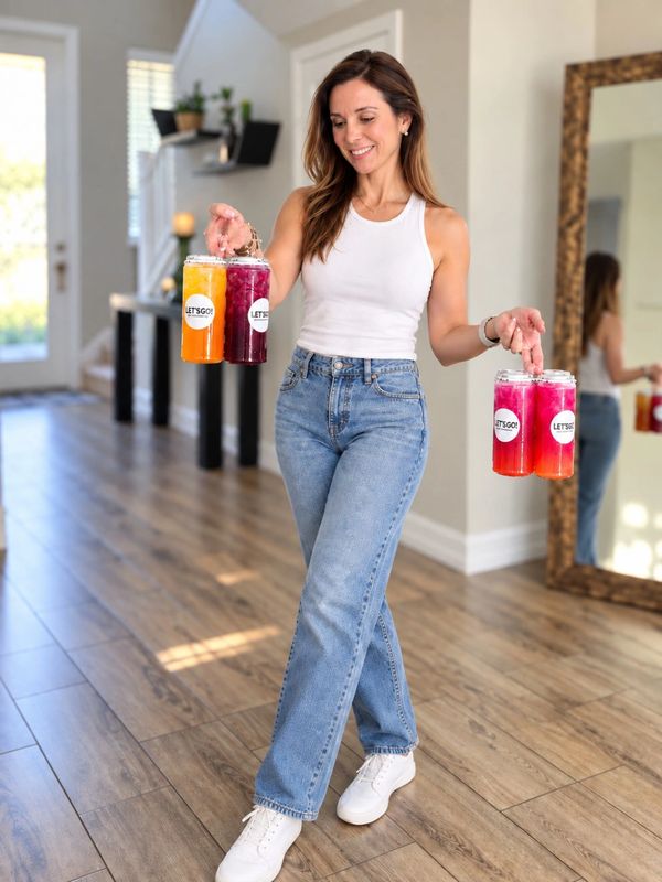 Woman holding colorful drinks and smiling indoors.