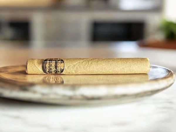 Luxury Something Famous hand-rolled hemp cigar elegantly placed on a stylish plate.