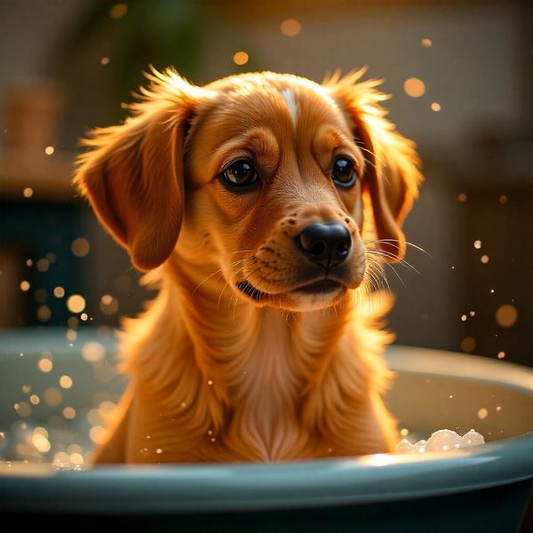 Adorable golden puppy with soulful eyes sitting in a bath, surrounded by glowing light particles.