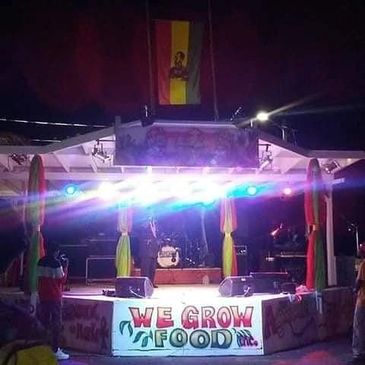 Nighttime view of our stage where education, poetry, and musical performers enlighten our audiences.