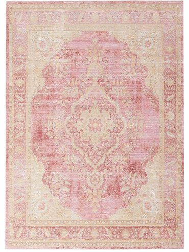 Elegant vintage-style rug with pink and beige tones and intricate floral patterns.