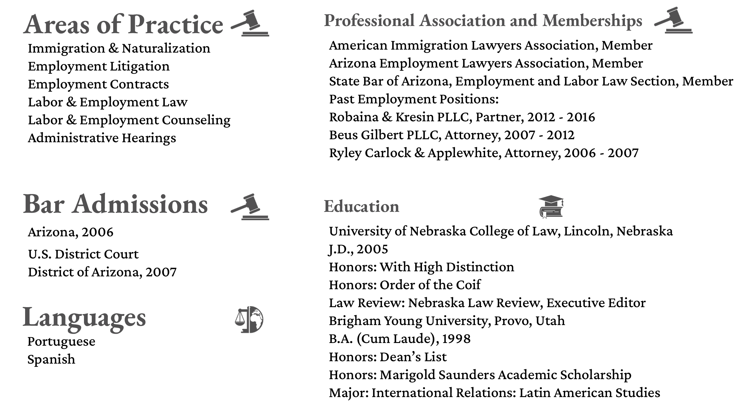 Areas of Practice, Professional Association and Memberships, Bar Admissions, Education and Languages