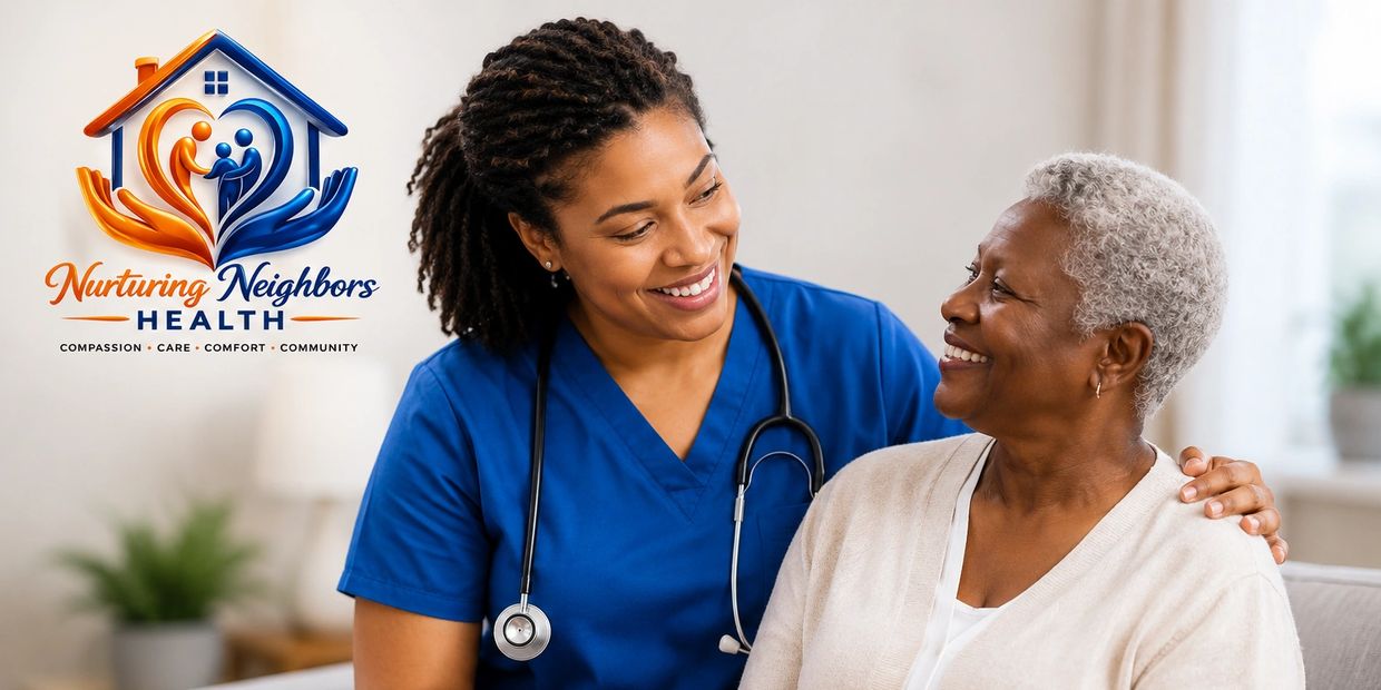 Nurse warmly caring for a smiling elderly woman, promoting compassionate healthcare.