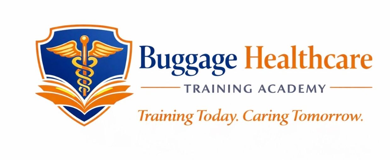 Logo of Buggage Healthcare Training Academy with a medical emblem and tagline.
