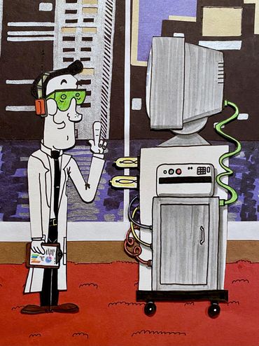 From left to right: Professor Science (studio scientist and host), Louise (lab computer)