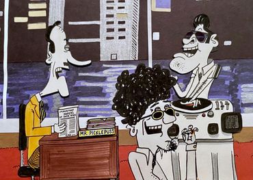 From left to right: Mr. Picklepuss (manager), Squirrels McHippie (studio resident), Cool B. Jazz