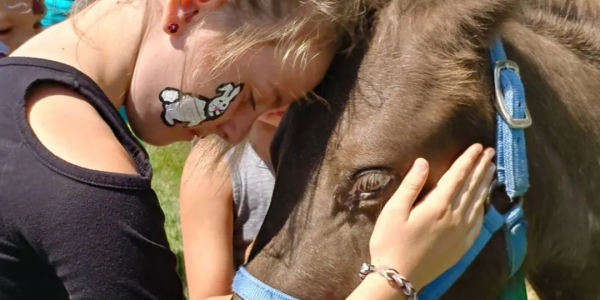 Girl with face paint gently touching a horse's face.