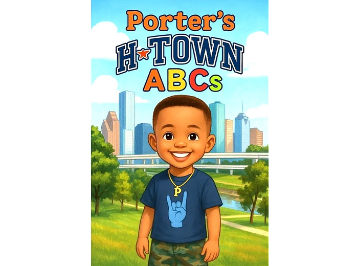 Animated cover of Porter's H-Town ABCs featuring a smiling boy with a city backdrop.