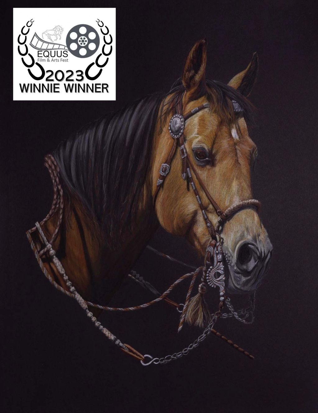Realistic horse portrait with bridle on dark background.