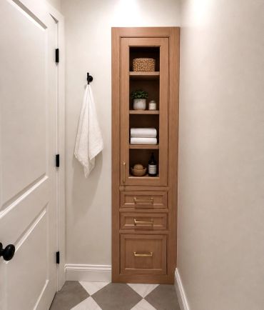 Wooden bathroom cabinet with towels and decor.