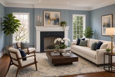 Elegant living room with blue walls and beige furniture.