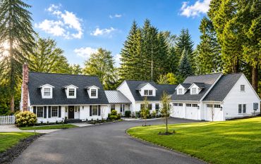 Large white house with black roof surrounded by trees.
