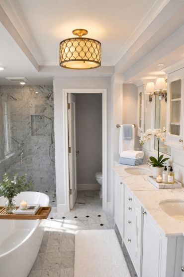 Elegant bathroom with marble tiles and white cabinetry.