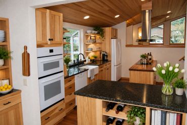 Modern kitchen with wood accents and black countertops.