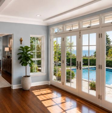 Bright room with glass doors overlooking a pool and garden.
