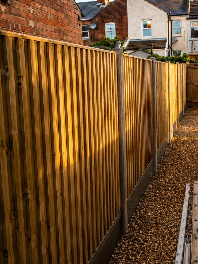 Wooden fence glowing in sunlight along a gravel path.