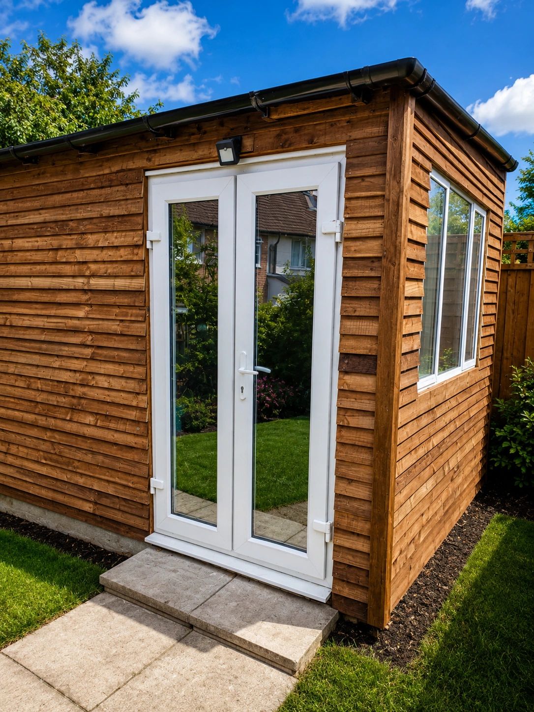 Wooden garden shed with white glass doors under blue sky.