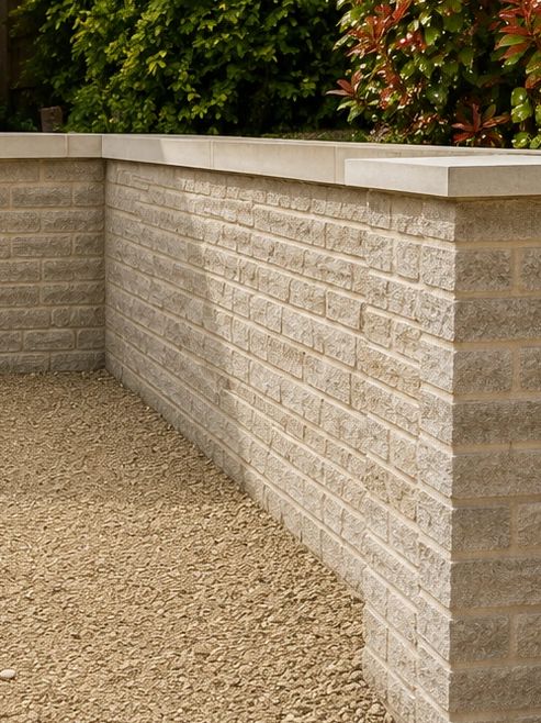 Stone retaining wall with gravel ground and lush plants behind.