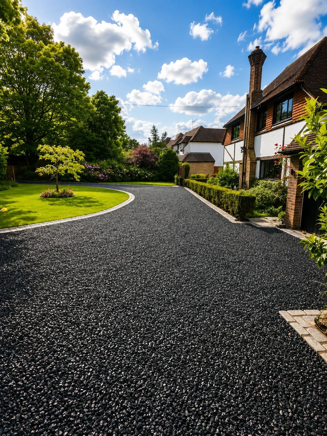 A residential driveway with a gravel surface and landscaped gardens.