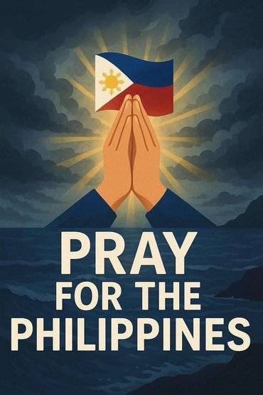 Hands praying under the Philippine flag with light rays and the text 'Pray for the Philippines'.