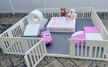 Berry First birthday soft play outdoor setup. Ball pit and soft play toys.