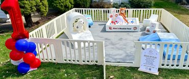 Rookie year themed outdoor soft play area. Ball pit, and soft play toys